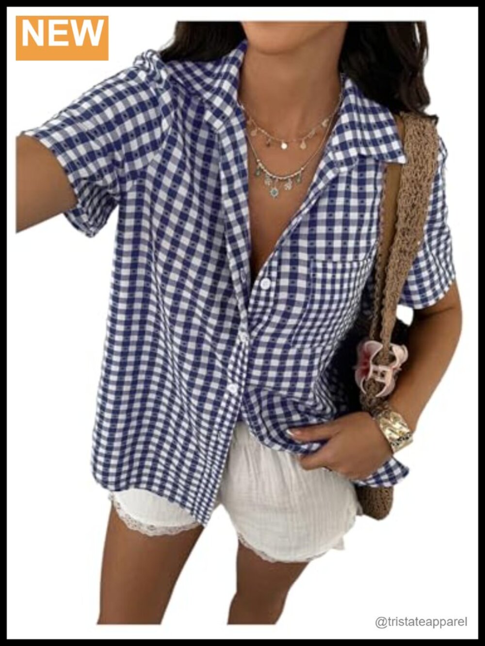 Women's Button Down Gingham Blouse Short Sleeve Collared Shirt